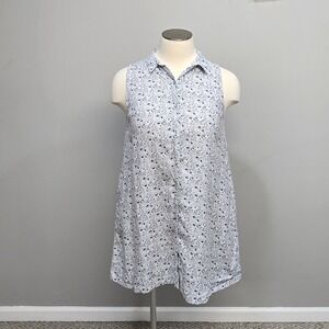 Cynthia Rowley 100% Linen Mini Shirt Dress XL Blue White Floral Pockets Coastal